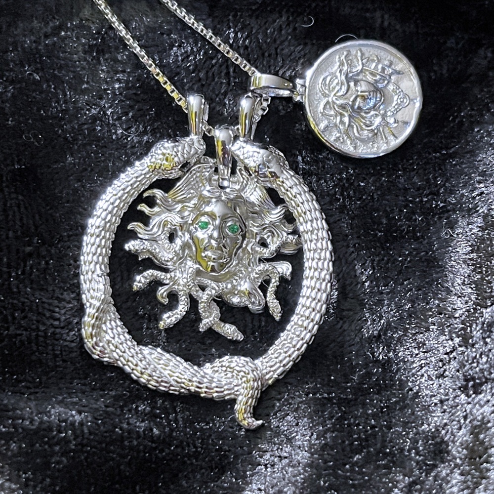 Silver Head of Medusa Charm set Necklace